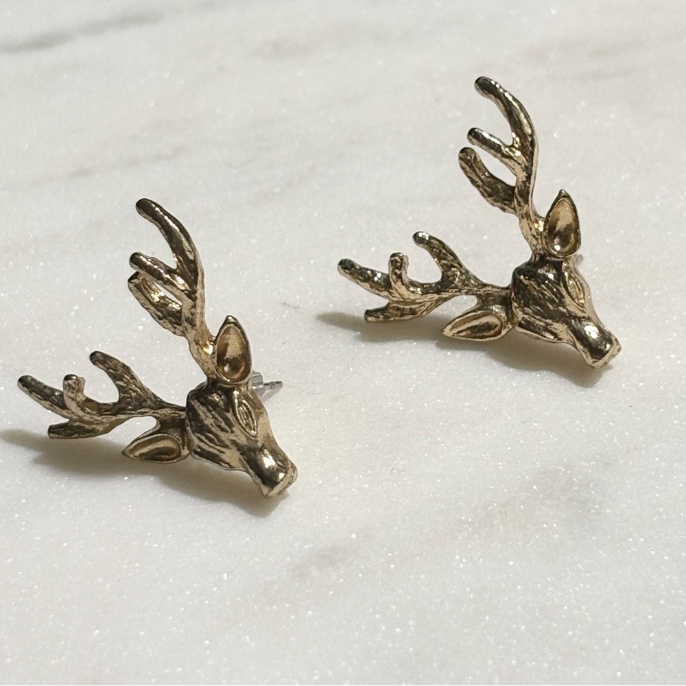 Deer Head Gold Tone Stag Antler Post Earrings